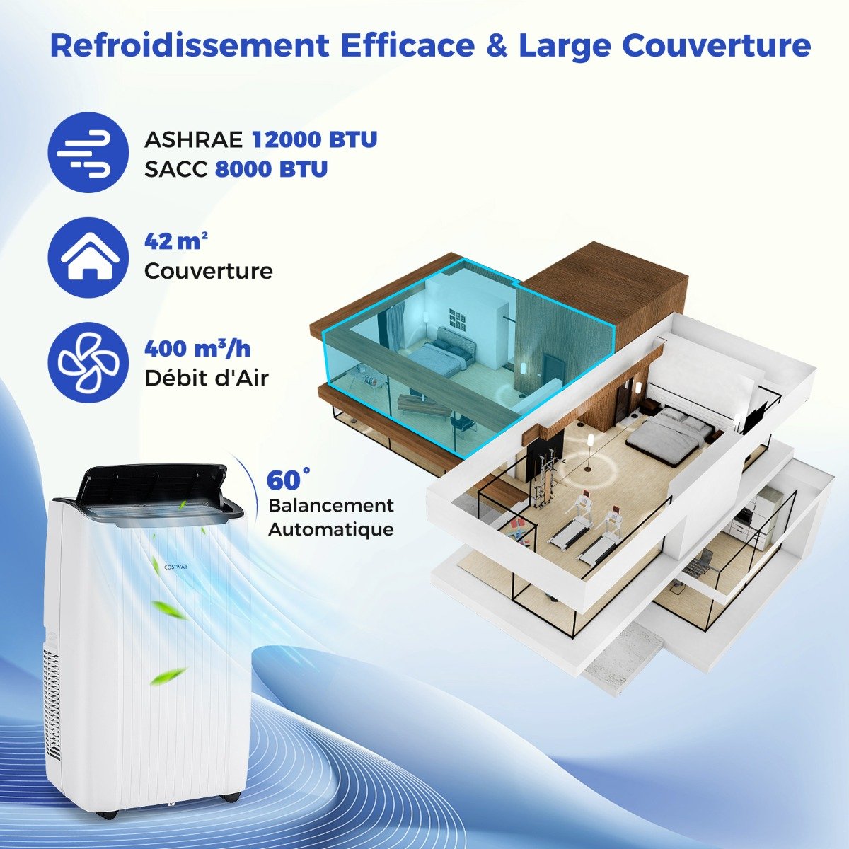 Climatiseur Mobile 12000 BTU 4 en 1 Refroidissement Chauffage Ventilateur Déshumidificateur Minuterie 24H pour jusqu'à 42m² – Image 8